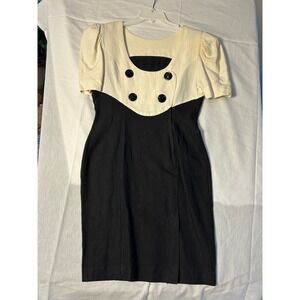 VTG Harrison Holman Black Cream Two Tone Button Front Puffed Sleeve Dress Sz 12